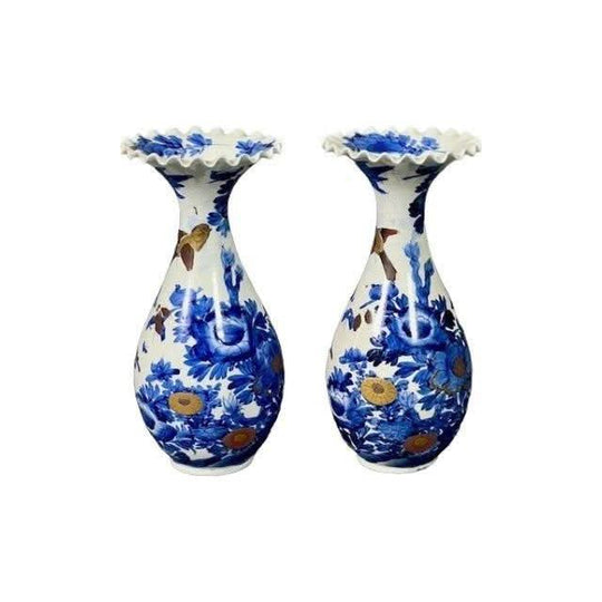 Pair of antique Japanese later Meiji Period 1868 - 1912 blue and white Vases.