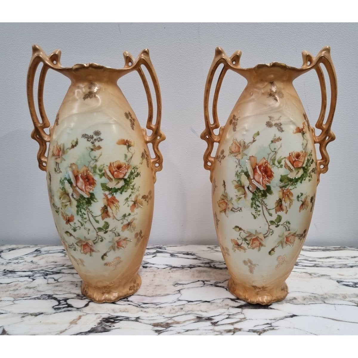 Pair of Art Nouveau-Style Rose-Decorated Vases | Bazaa | Designer, Vintage and Antique Furniture