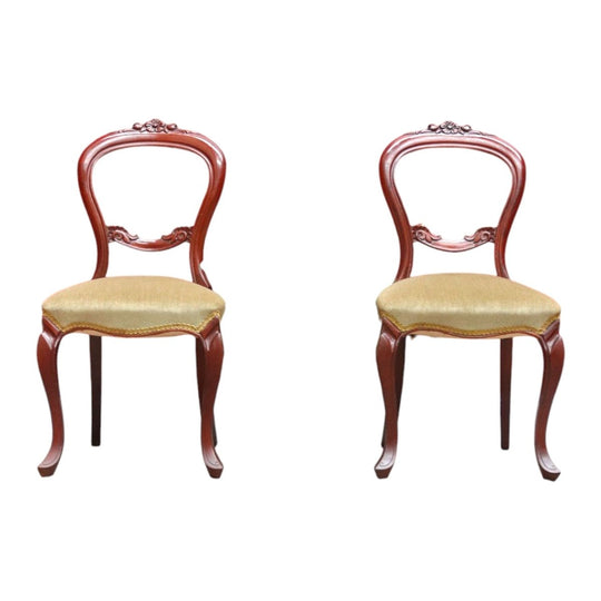 Pair of Australian Cedar Hall Chairs with Carved Floral Detail and Green Seats. B12649