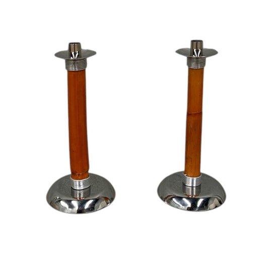 Pair of Bamboo & Chrome Candlesticks 1970s