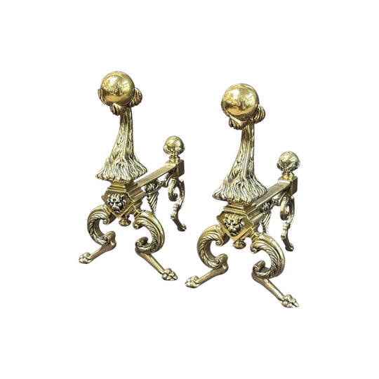 Pair of brass andirons with claw and ball mounts c. 1860