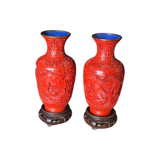 Pair of c. 1920-50s Chinese Red Cinnabar Vases on Fitted Timber Bases