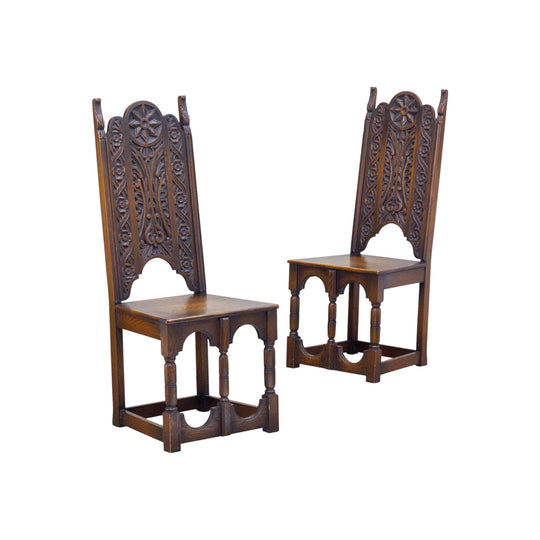 Pair of Carved Gothic Style Hall Chairs