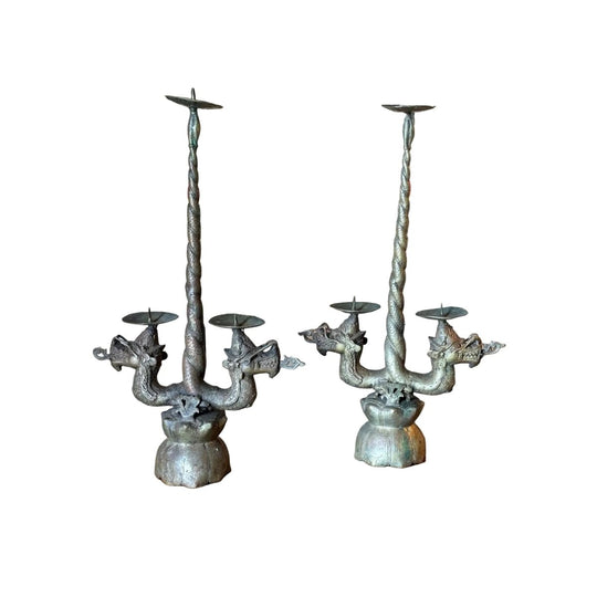 Pair of Chinese Brass Three-Arm Prickets