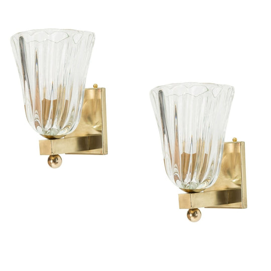 Pair of Clear Murano Wall Sconces with Ribbed Detail
