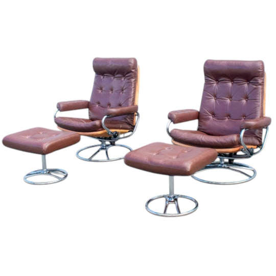 Pair of Coffee‑Bean Leather Recliners with Footstools – Mid‑Century Recliners