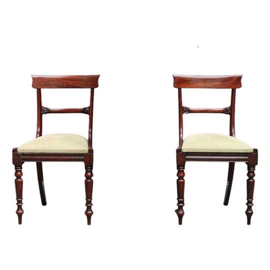 Pair of English Mahogany Chairs – Green-Gold Upholstery, Elegant Carving. B12625