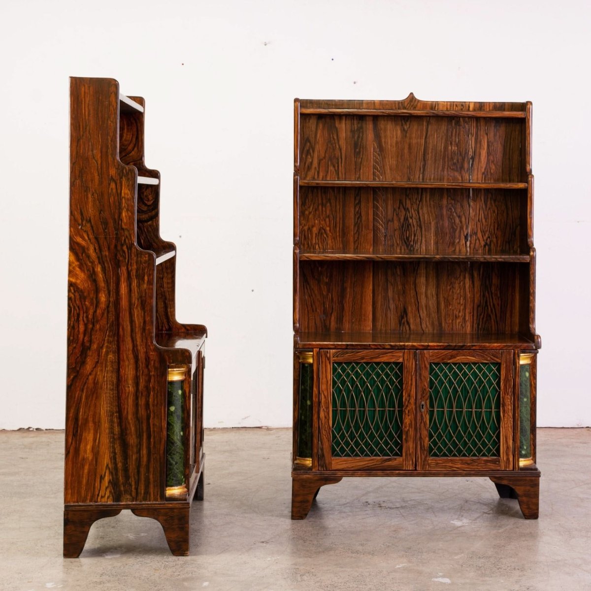 Pair of Faux Coromandel Wood Three Tier Waterfall Bookcases | Bazaa | Designer, Vintage and Antique Furniture