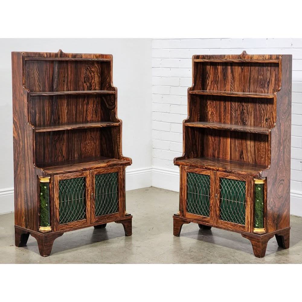 Pair of Faux Coromandel Wood Three Tier Waterfall Bookcases | Bazaa | Designer, Vintage and Antique Furniture
