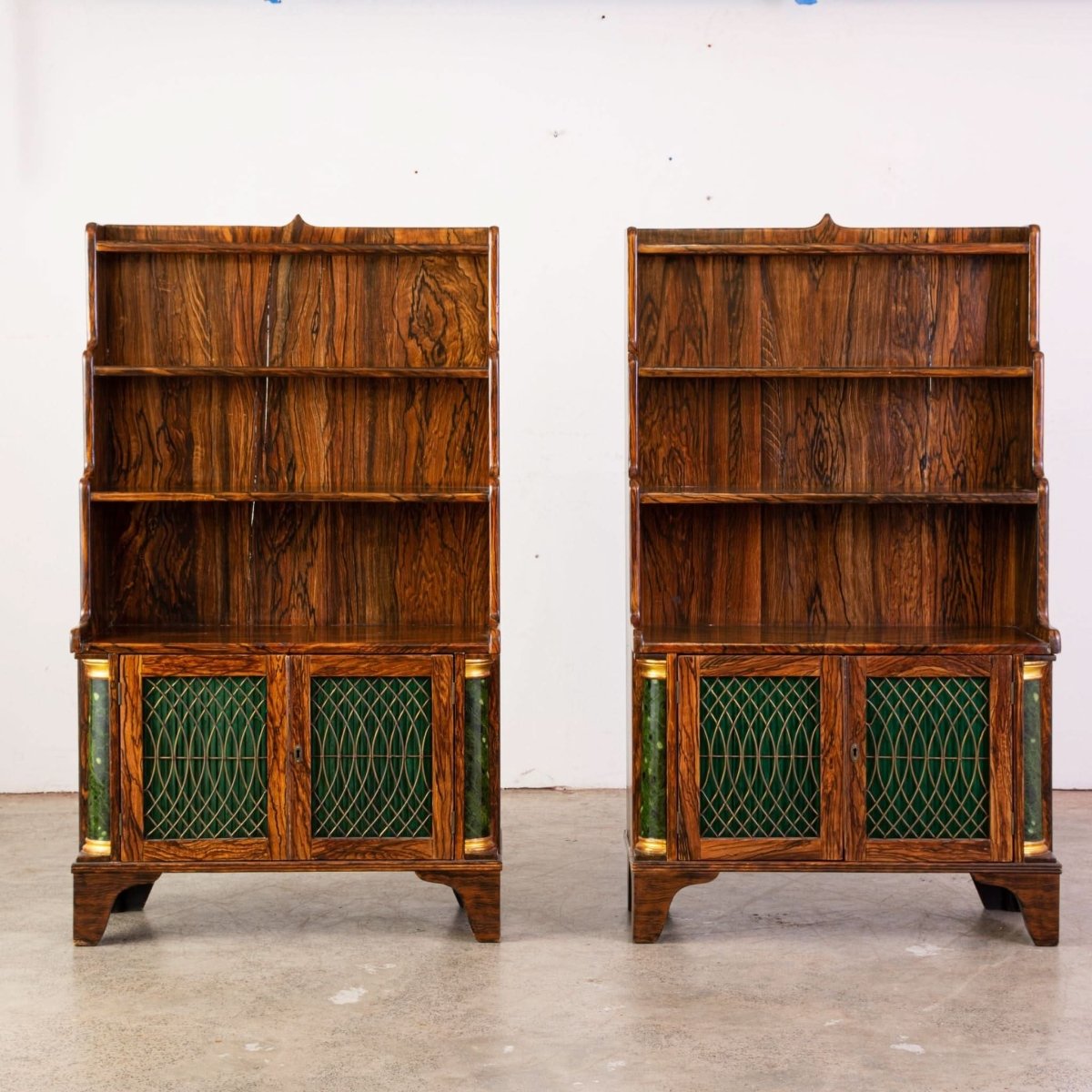 Pair of Faux Coromandel Wood Three Tier Waterfall Bookcases | Bazaa | Designer, Vintage and Antique Furniture