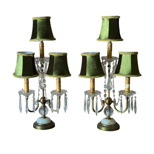 Pair Of French Crystal And Onyx Girandole Table Lamps France, circa 1930s–1940s