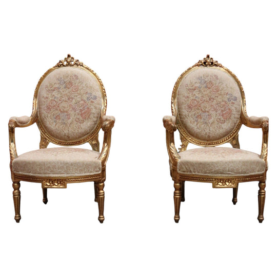 Pair of French Gilt Wood Armchairs with Medallion Backs and Tapestry Seats. B12623