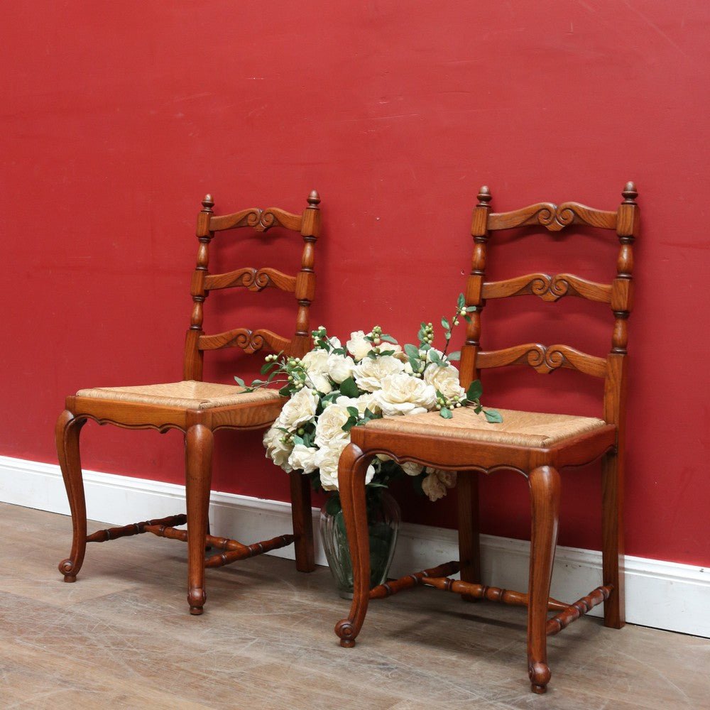 Pair of French Oak Ladder Back Chairs with Rush Seats and Acorn Finials. B12820 | Bazaa | Designer, Vintage and Antique Furniture