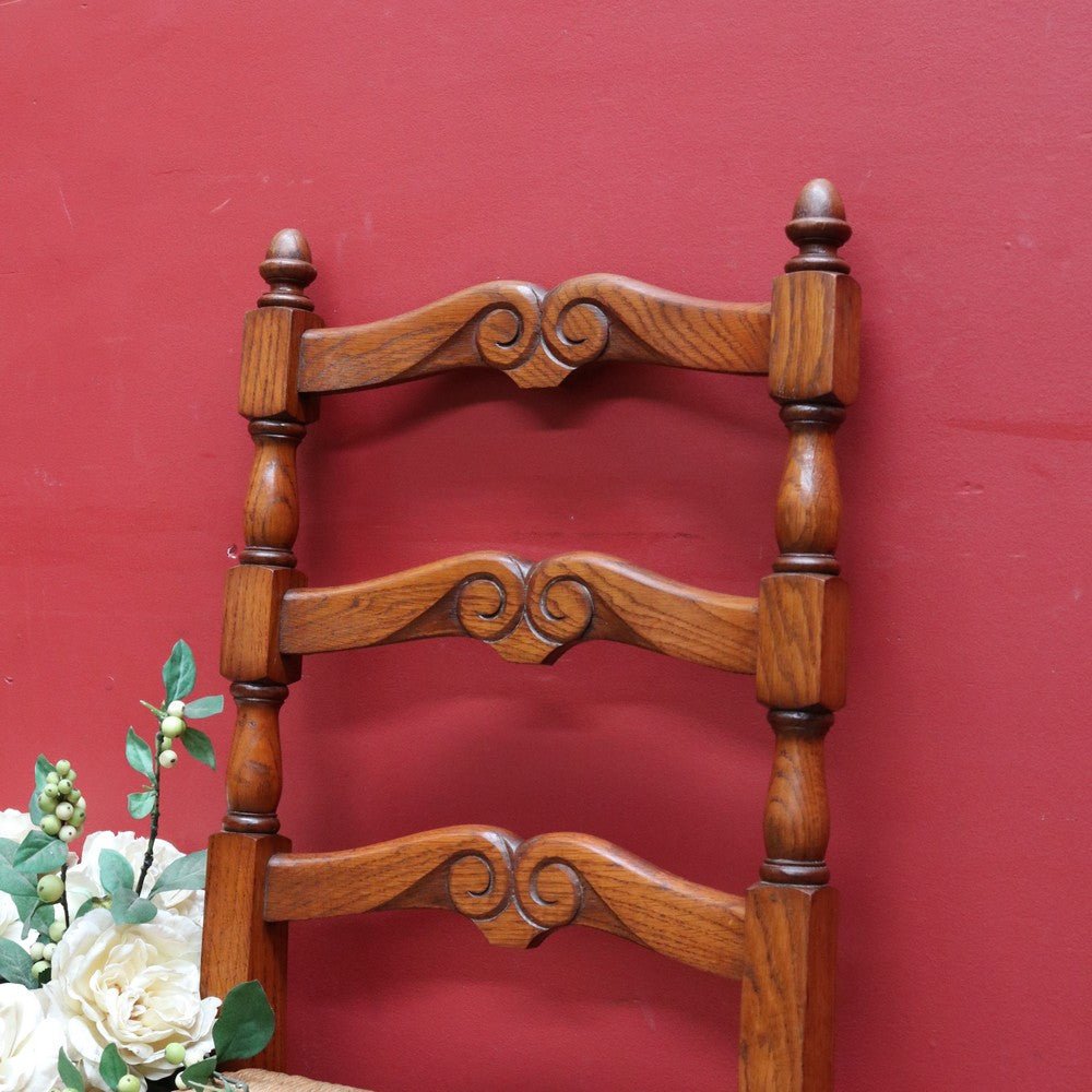 Pair of French Oak Ladder Back Chairs with Rush Seats and Acorn Finials. B12820 | Bazaa | Designer, Vintage and Antique Furniture