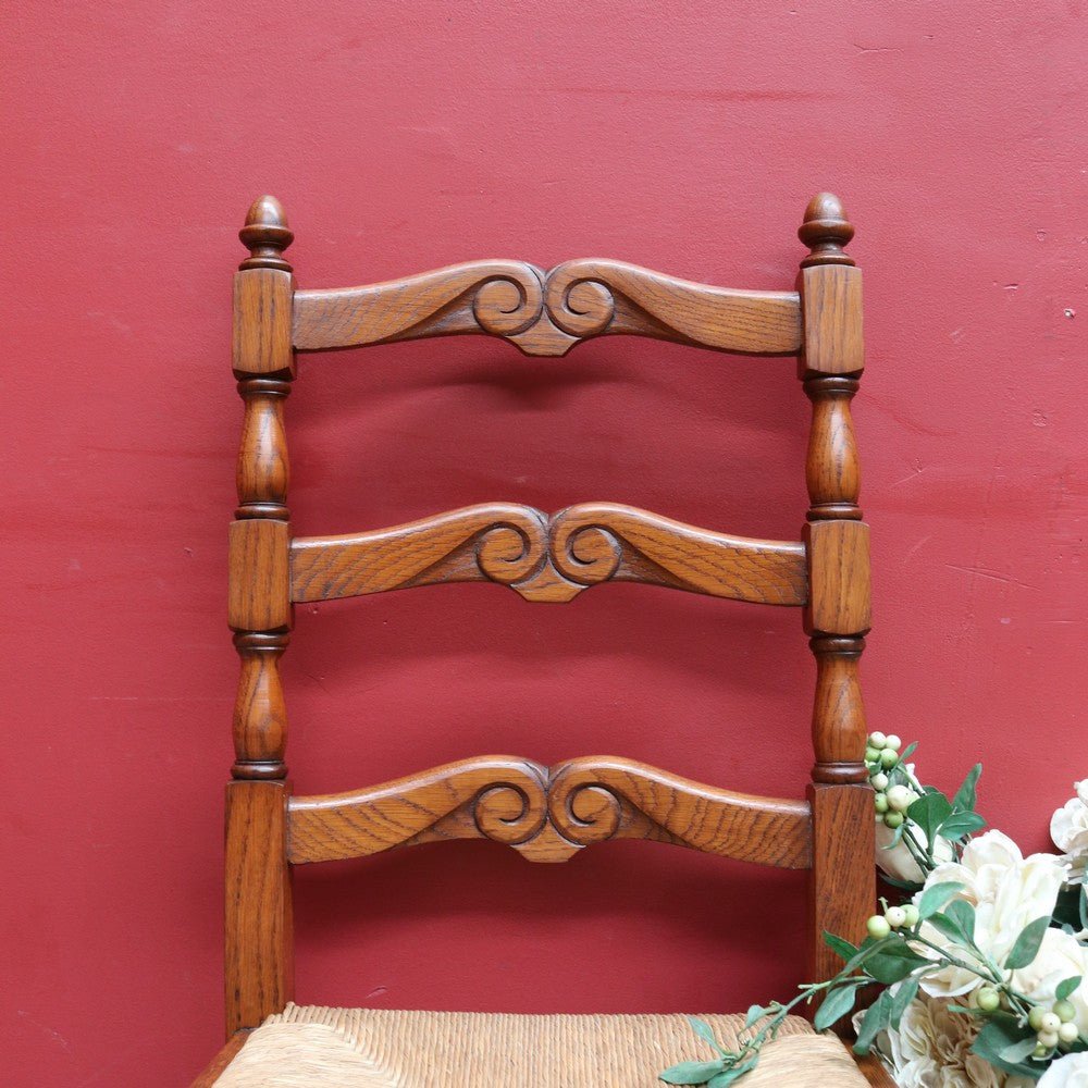 Pair of French Oak Ladder Back Chairs with Rush Seats and Acorn Finials. B12820 | Bazaa | Designer, Vintage and Antique Furniture