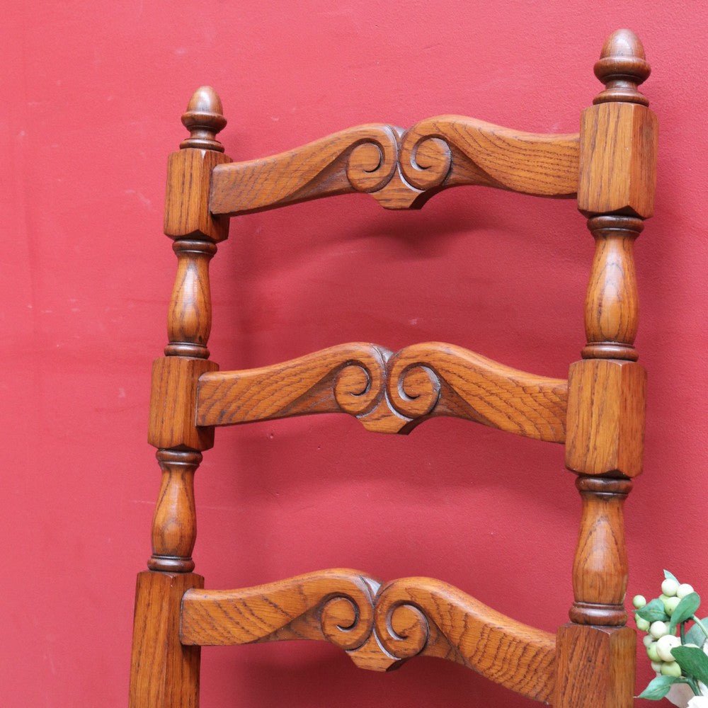 Pair of French Oak Ladder Back Chairs with Rush Seats and Acorn Finials. B12820 | Bazaa | Designer, Vintage and Antique Furniture