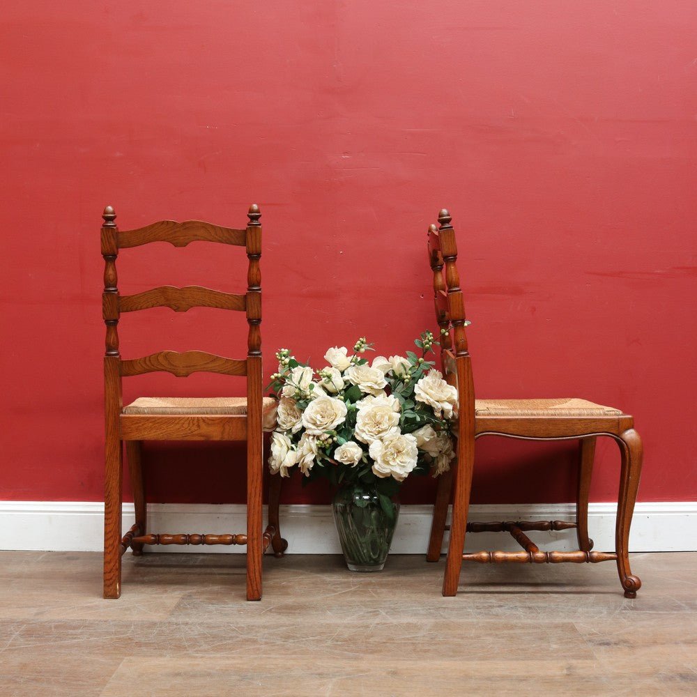 Pair of French Oak Ladder Back Chairs with Rush Seats and Acorn Finials. B12820 | Bazaa | Designer, Vintage and Antique Furniture