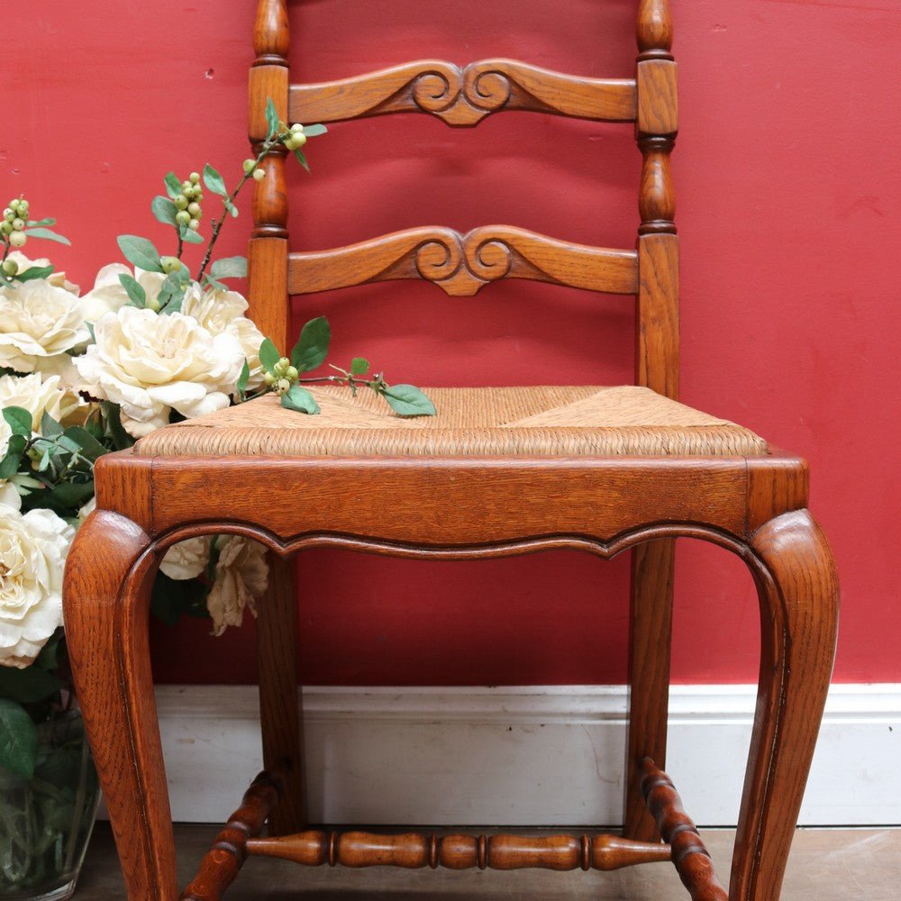 Pair of French Oak Ladder Back Chairs with Rush Seats and Acorn Finials. B12820 | Bazaa | Designer, Vintage and Antique Furniture
