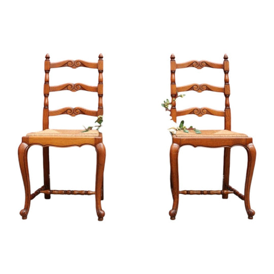 Pair of French Oak Ladder Back Chairs with Rush Seats and Acorn Finials. B12820