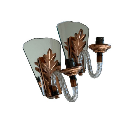 Pair of French Single Branch Copper and Mirror Sconce with Murano Arms
