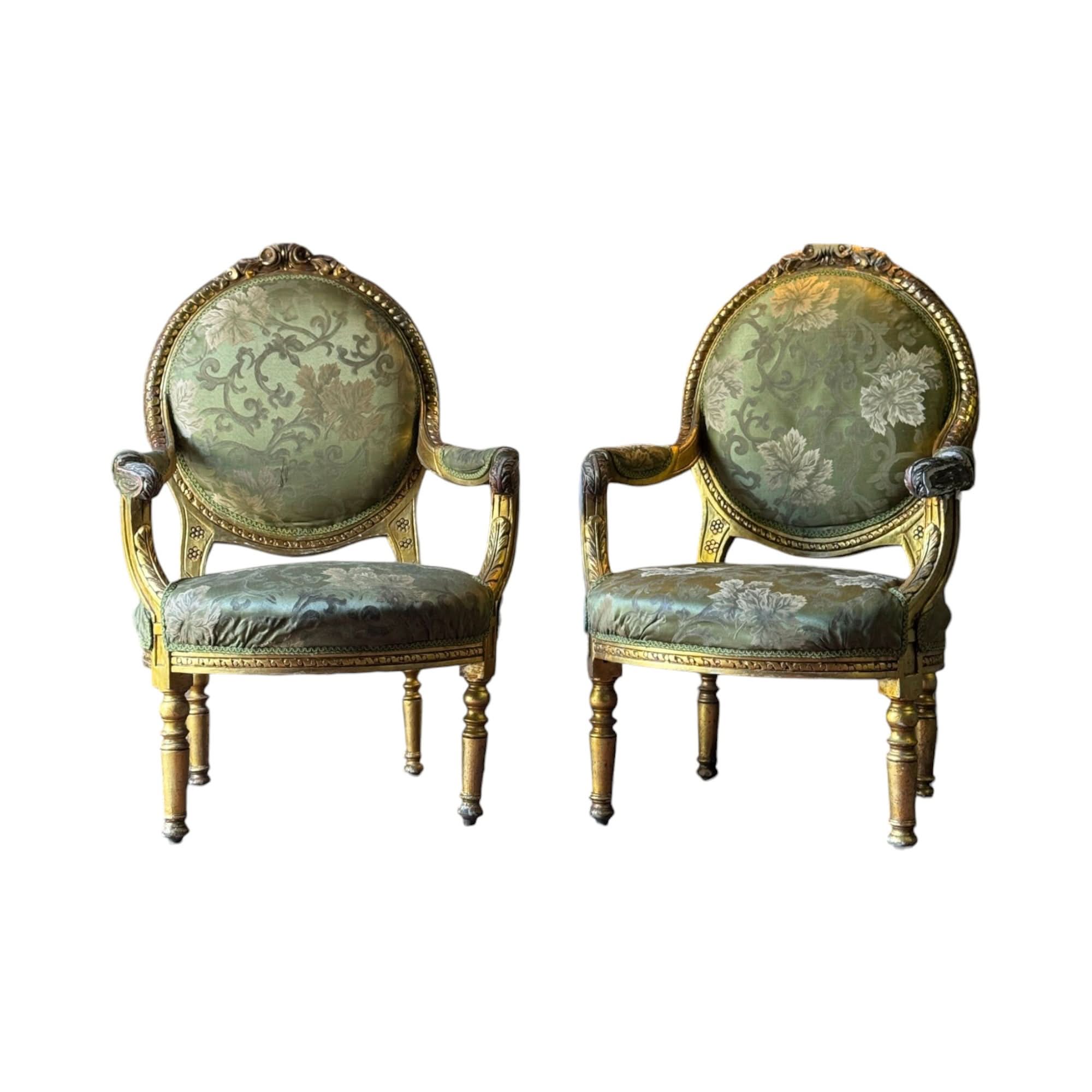 Pair of Gilt Louis XVI Style Armchairs with Original Green Floral Upholstery | Bazaa | Designer, Vintage and Antique Furniture