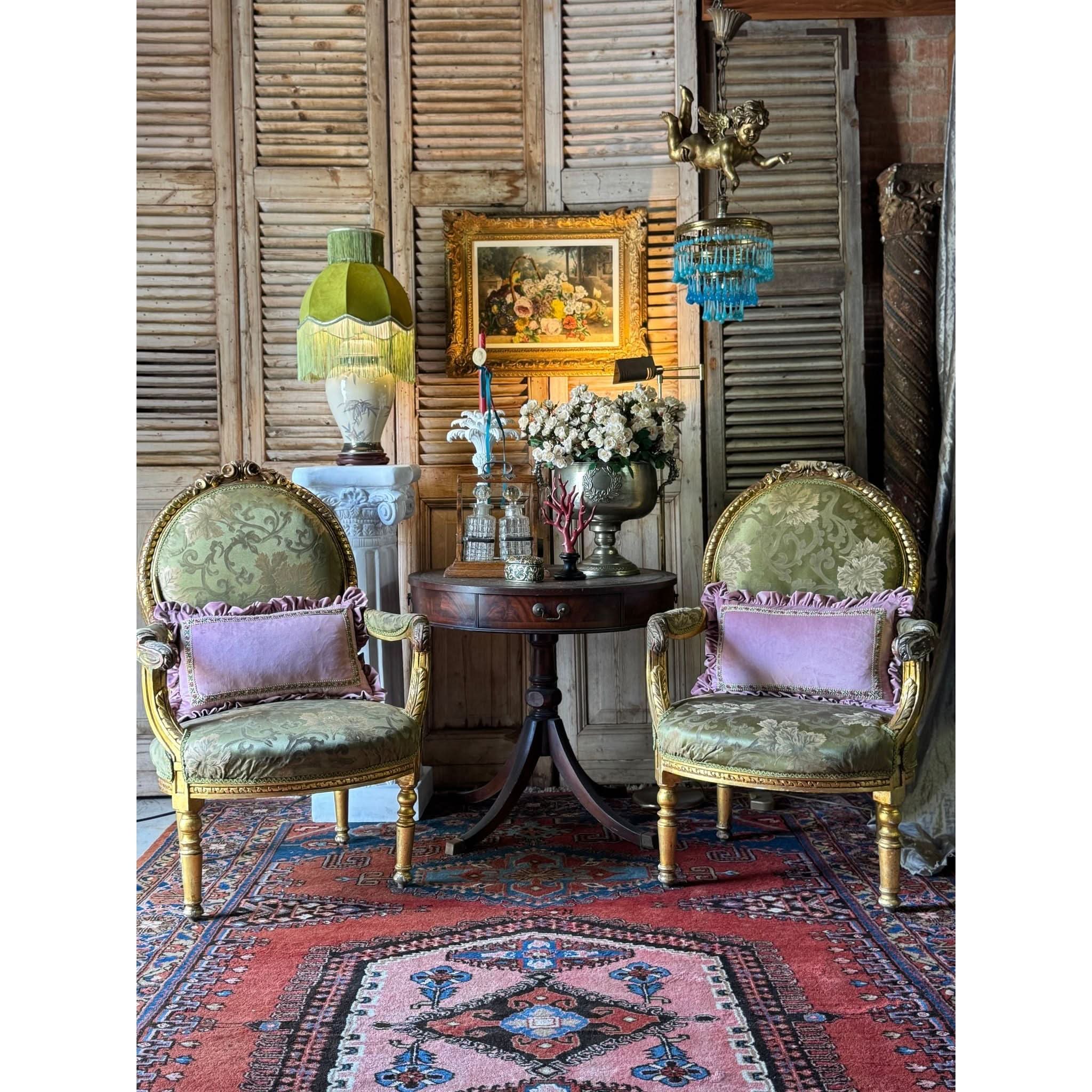 Pair of Gilt Louis XVI Style Armchairs with Original Green Floral Upholstery | Bazaa | Designer, Vintage and Antique Furniture