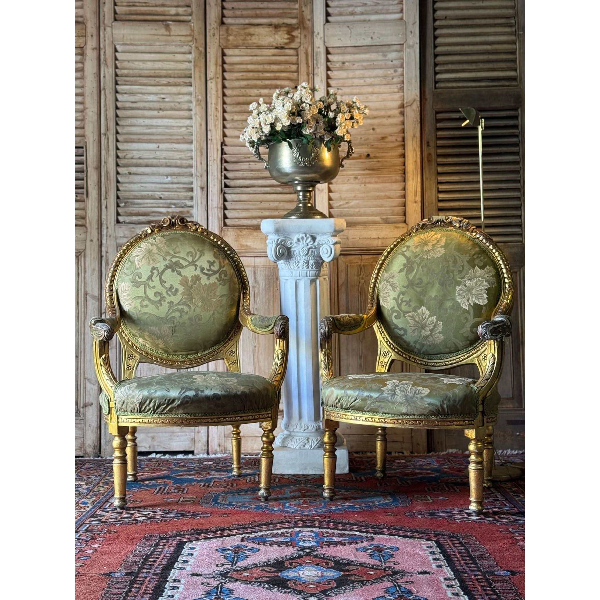 Pair of Gilt Louis XVI Style Armchairs with Original Green Floral Upholstery | Bazaa | Designer, Vintage and Antique Furniture