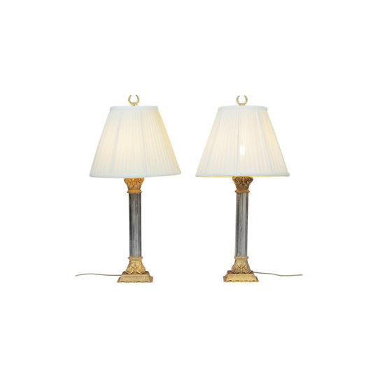 Pair of Glass Column & Brass Base Table Lamps