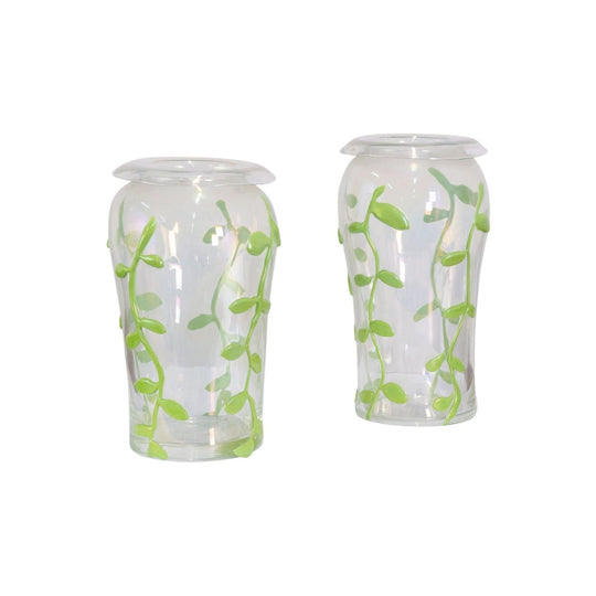 Pair of Iridescent Murano Vases with applied green leaves