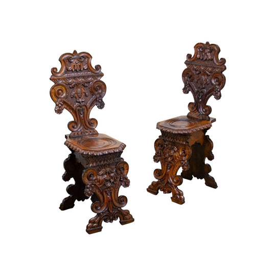 Pair of Italian Renaissance Revival Sgabelli Hall Chairs