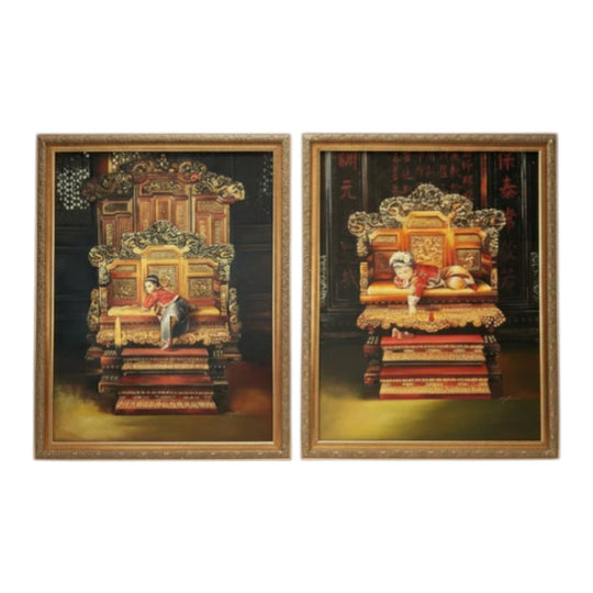 Pair of Large Signed Oil Paintings – Imperial Dragon Throne, Last Emperor Style (110cm)
