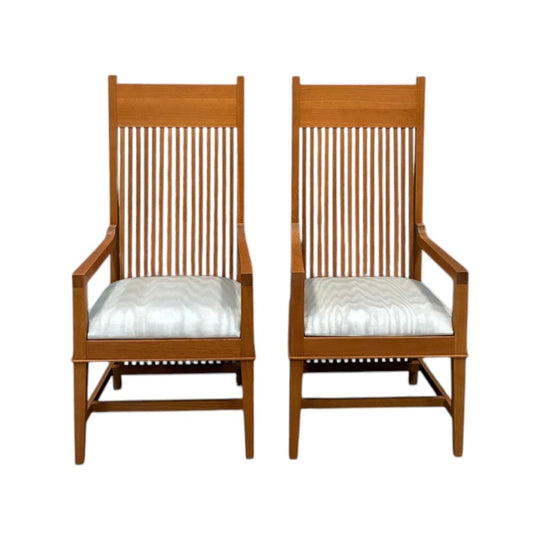 Pair of Licensed Frank Lloyd Wright Armchairs by Copeland Furniture, USA — Solid Oak, Dedar Milano Moiré Upholstery, 2000s