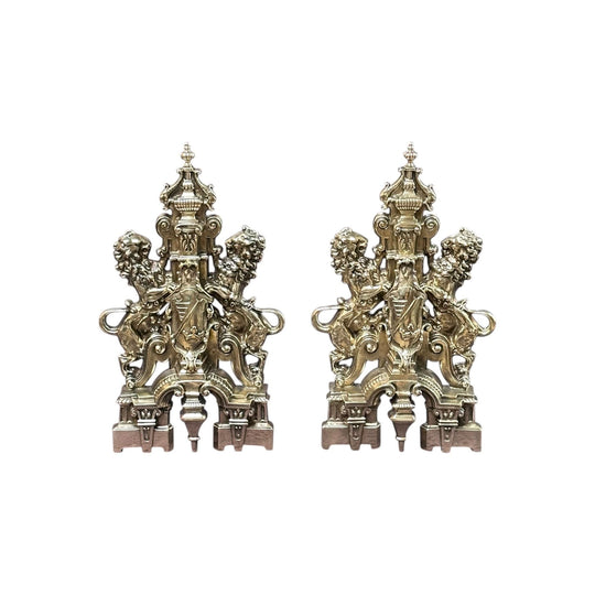 Pair of lion andirons with central shields c. 1870