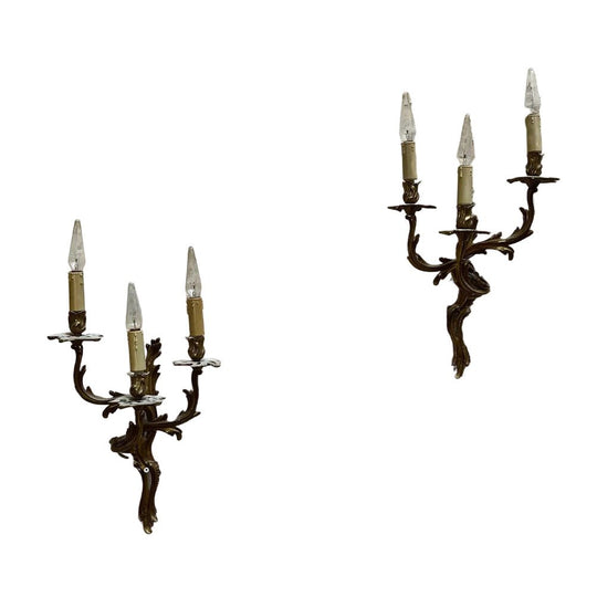Pair of Louis XV–Inspired Triple-Arm Wall Sconces in Patinated Bronze or Brass, Early 20th Century