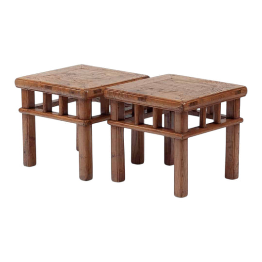 Pair of Low square stools with wraparound stretchers