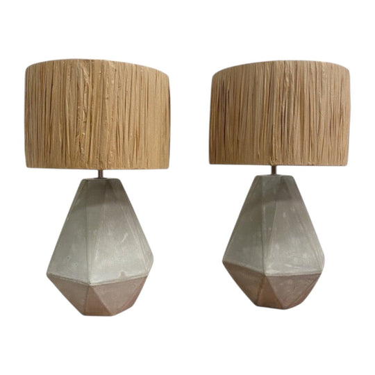 Pair Of Matt Grey Geometric Ceramic Table Lamps & Shades
