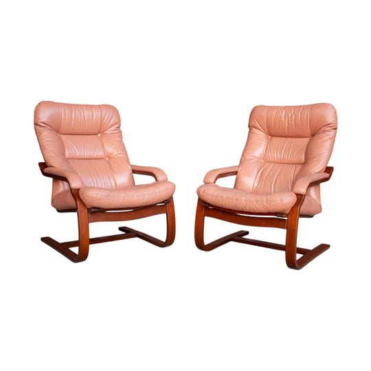 Pair of Mid-Century Lamitech Armchairs in Salmon Howe Leather