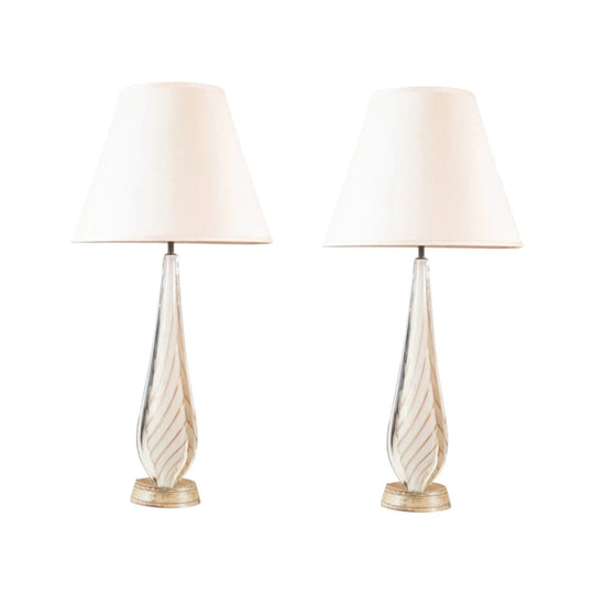 Pair of Mid Century Tall White and Gilt Murano Table Lamps
