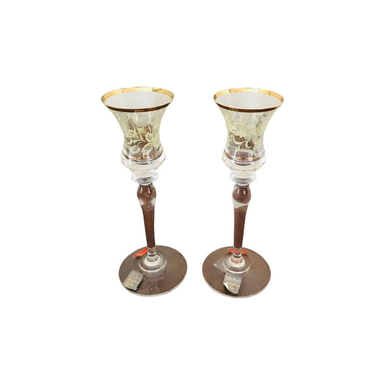 Pair of Mikasa Tapered Candlestick Holder with White lace design and gold trim
