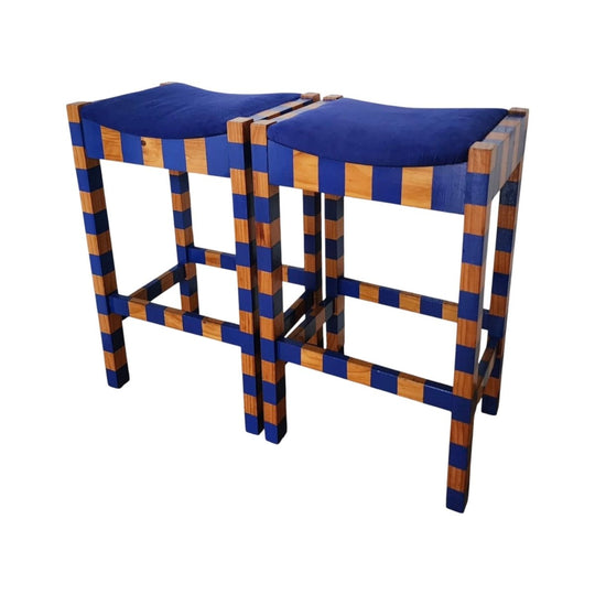 Pair of of Upcycled Indigo Blue Stripe Stools