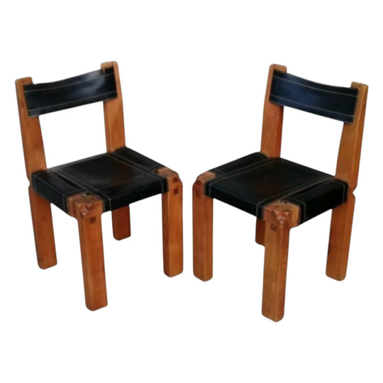 Pair of Pierre Chapo s11 dining chairs 1960s (original black leather)