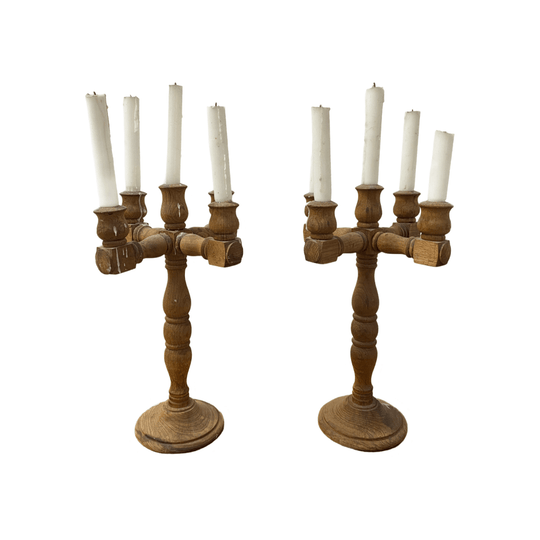 Pair Of Raw Teak Mid Century Candelabra Candle Holders