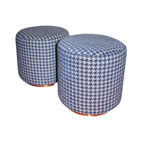 Pair of Re-Upholstered Drum Ottomans / Side Tables / Poufs Houndstooth with Brass Base