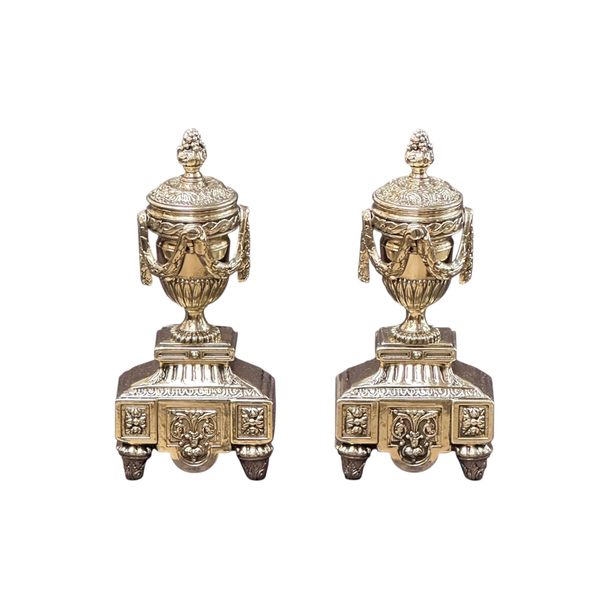 Pair of regency brass garland decorated andirons c. 1830 | Bazaa | Designer, Vintage and Antique Furniture