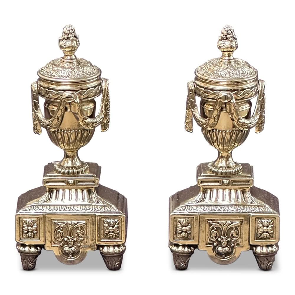 Pair of regency brass garland decorated andirons c. 1830 | Bazaa | Designer, Vintage and Antique Furniture