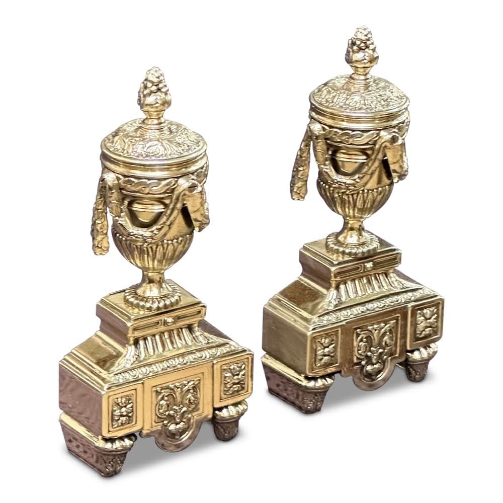 Pair of regency brass garland decorated andirons c. 1830 | Bazaa | Designer, Vintage and Antique Furniture