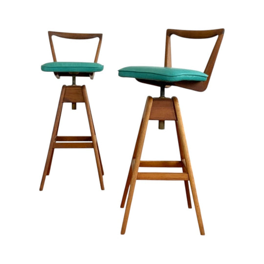 Pair of Restored TH Brown Stools with new leather seat pad. Priced individually.