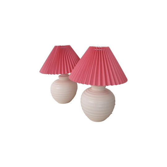 Pair of Ribbed Pink Lamps with Pleated Lampshades