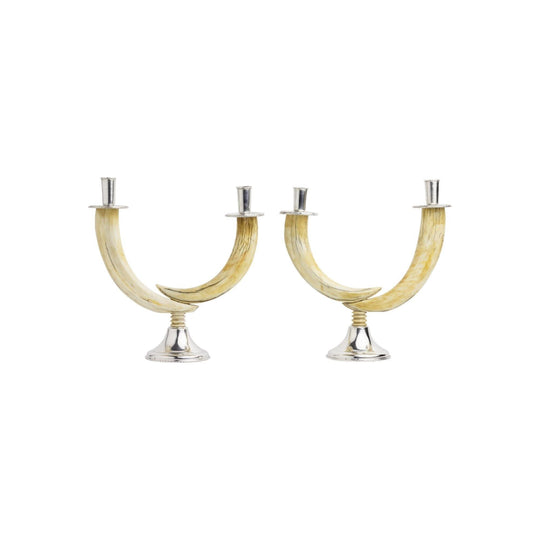 Pair of Silver Mounted Warthog Tusk Candlesticks