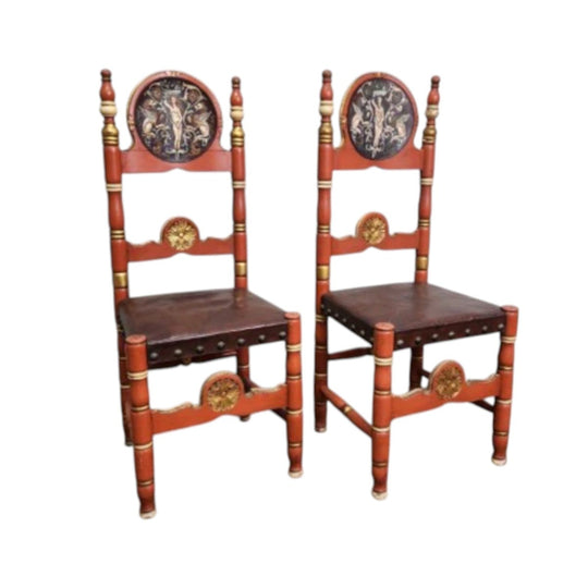 Pair of Spanish Colonial Painted Chairs with Leather Seats